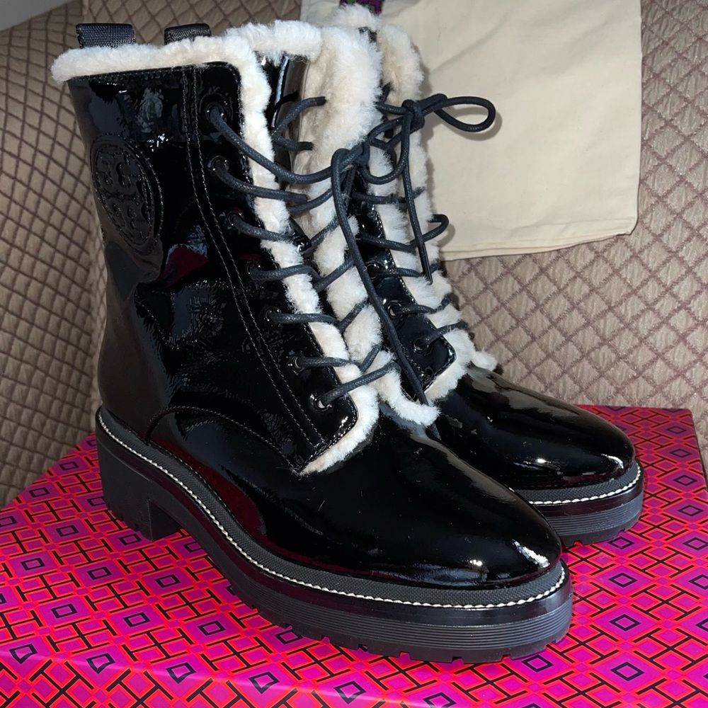Tory Burch - Sz 8  Miller Lug-Sole Shearling-Lined Patent Leather Combat Boots